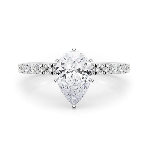 Silver Pear Solitaire Pave Diamond Engagement Ring with Four-Prong Setting
