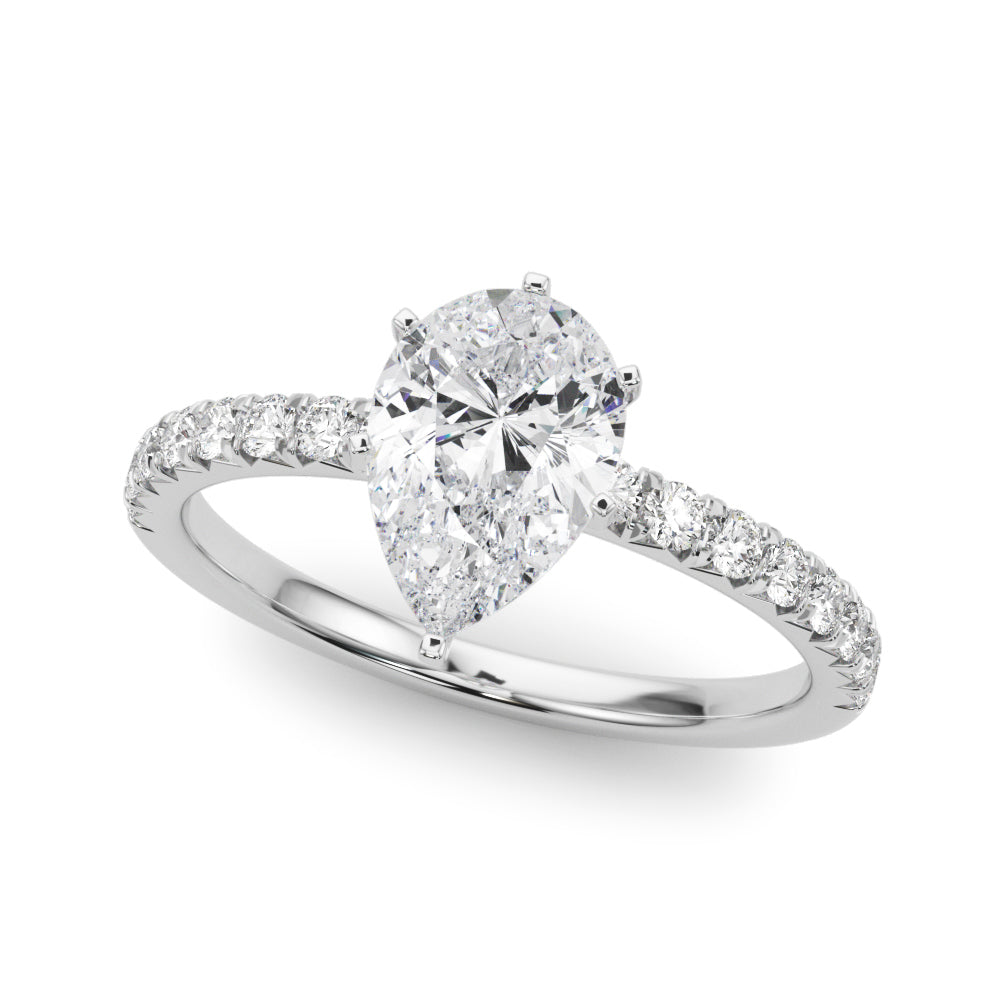 Silver Pear Solitaire Pave Diamond Engagement Ring with Four-Prong Setting