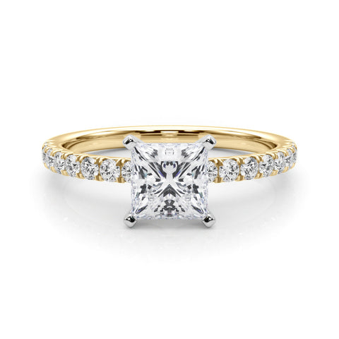Yellow gold Princess Solitaire Pave Diamond Engagement Ring with Four-Prong Setting
