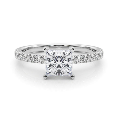 Silver Princess Solitaire Pave Diamond Engagement Ring with Four-Prong Setting