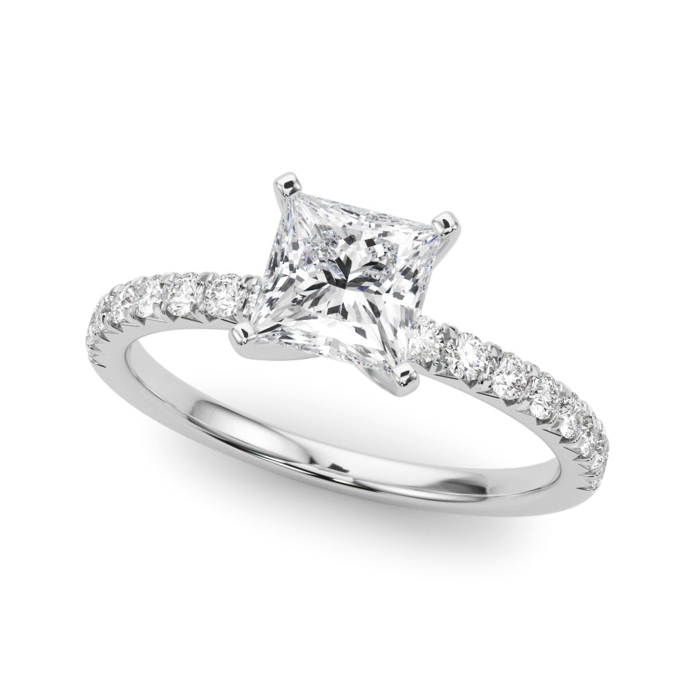 Silver Princess Solitaire Pave Diamond Engagement Ring with Four-Prong Setting