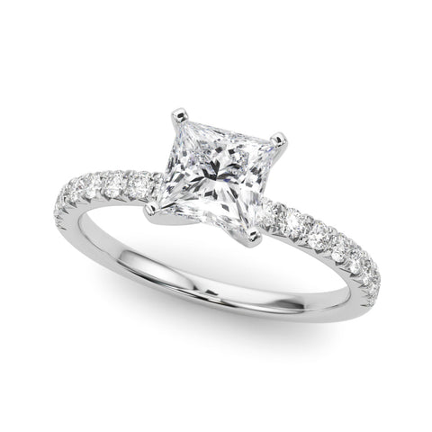 Silver Princess Solitaire Pave Diamond Engagement Ring with Four-Prong Setting