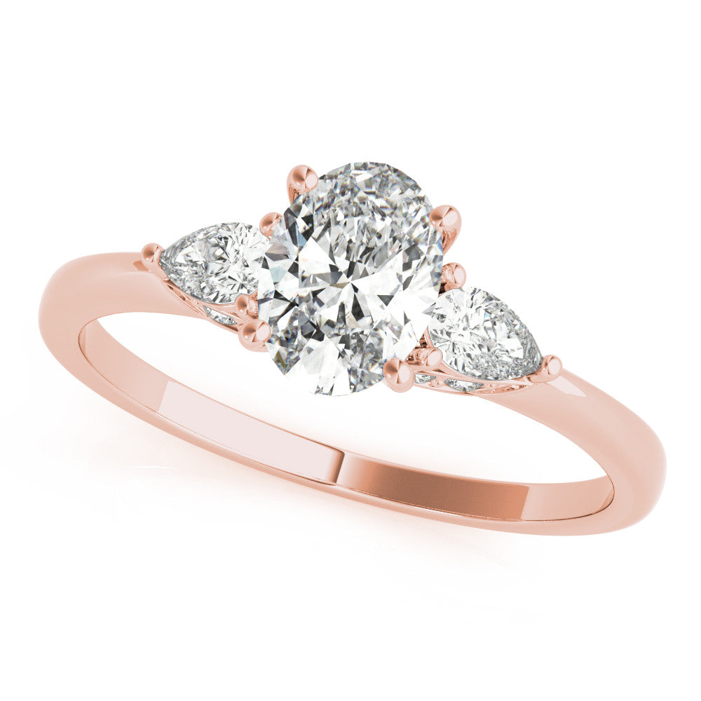 Rose gold Oval Cut Three-Stone Diamond Ring with Pear Side Stones on a Classic Solitaire Band with Prong Setting