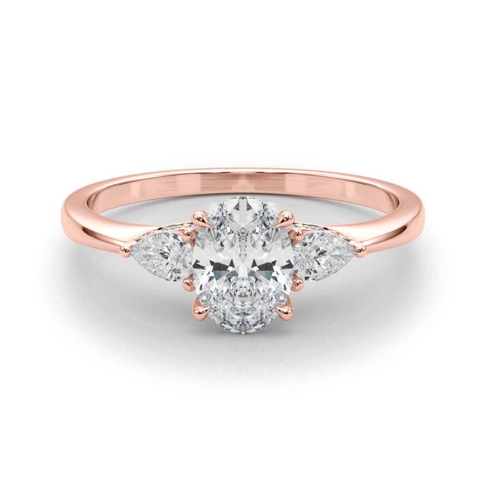 Rose gold Oval Cut Three-Stone Diamond Ring with Pear Side Stones on a Classic Solitaire Band with Prong Setting