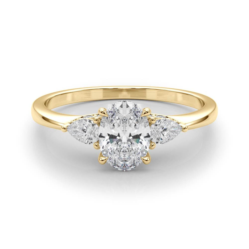 Yellow gold Oval Cut Three-Stone Diamond Ring with Pear Side Stones on a Classic Solitaire Band with Prong Setting