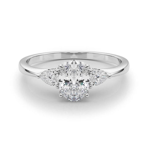 Platinum Oval Cut Three-Stone Diamond Ring with Pear Side Stones on a Classic Solitaire Band with Prong Setting