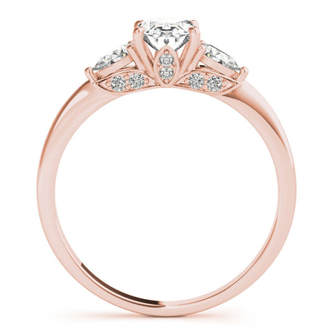 Rose gold Oval Cut Three-Stone Diamond Ring with Pear Side Stones on a Classic Solitaire Band with Prong Setting
