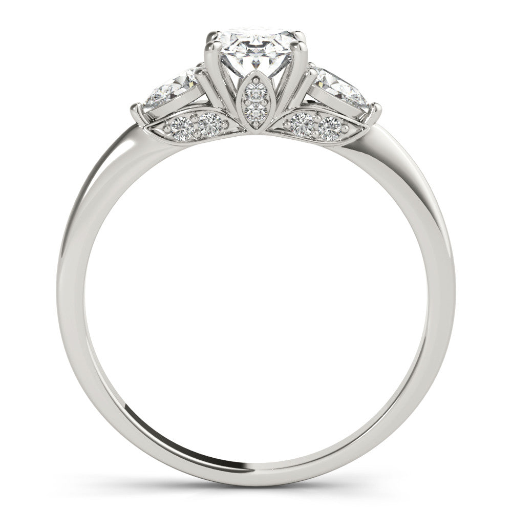 Platinum Oval Cut Three-Stone Diamond Ring with Pear Side Stones on a Classic Solitaire Band with Prong Setting