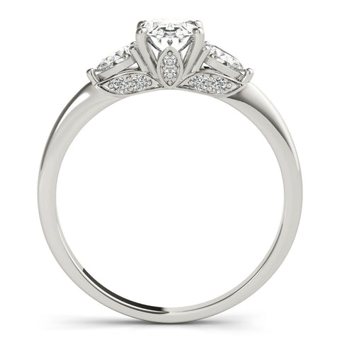 Platinum Oval Cut Three-Stone Diamond Ring with Pear Side Stones on a Classic Solitaire Band with Prong Setting