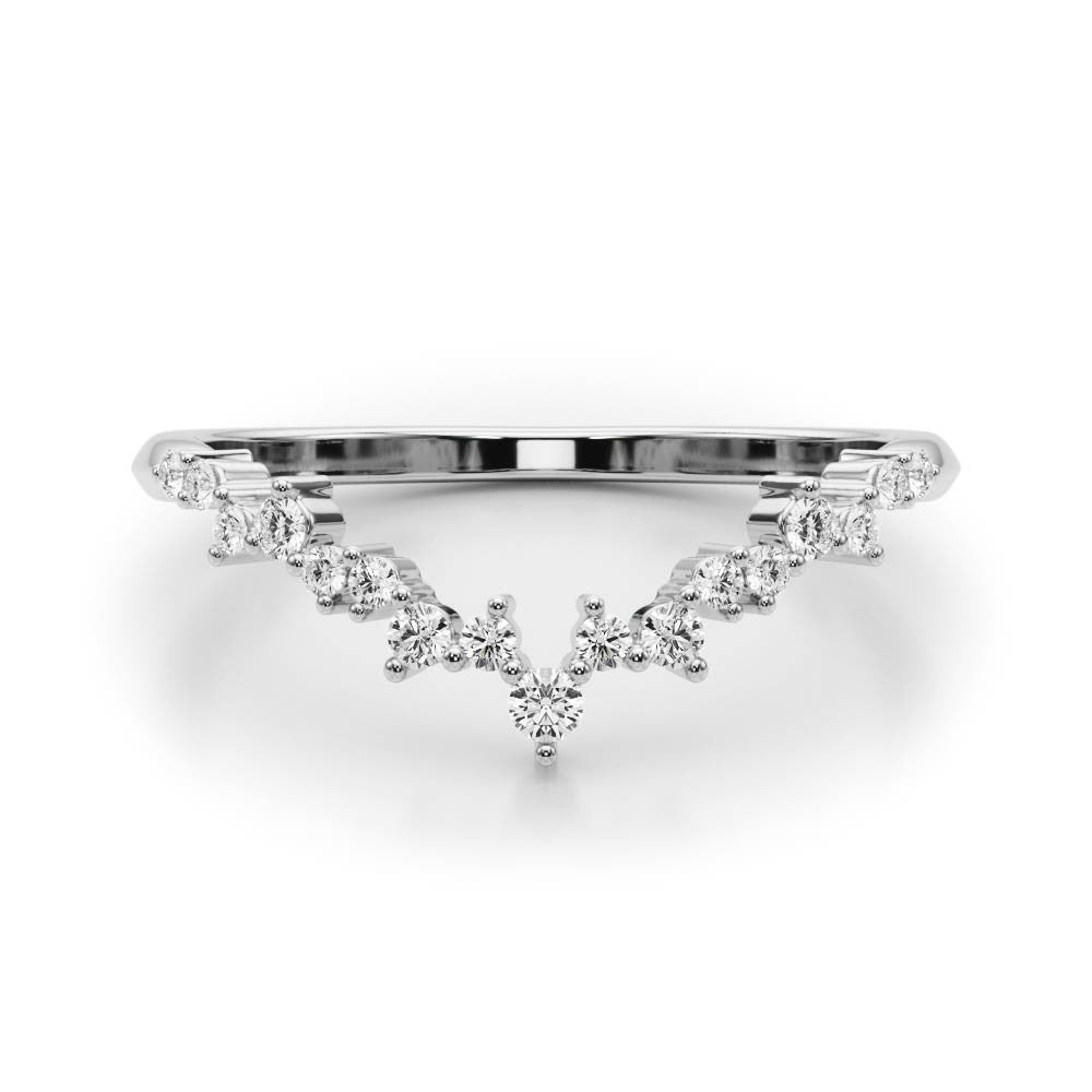 Silver V-Shaped Diamond Cluster Curved Band with Round Brilliant Cut Stones and Prong Setting