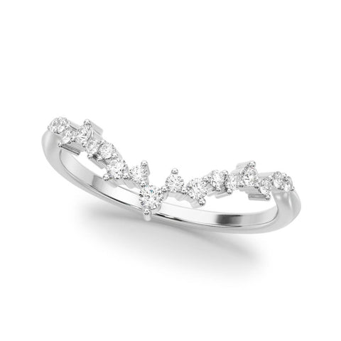 White gold V-Shaped Diamond Cluster Curved Band with Round Brilliant Cut Stones and Prong Setting
