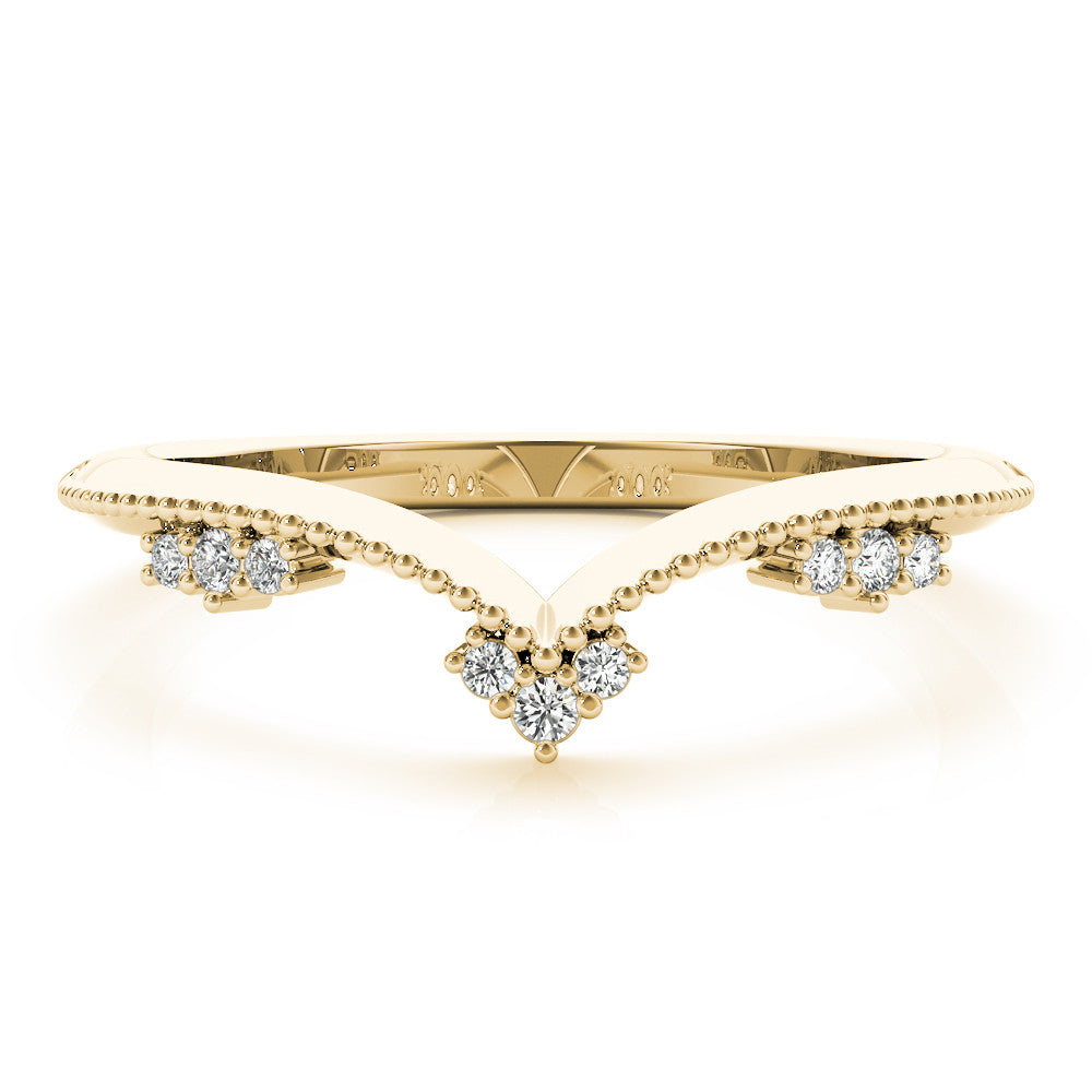 Yellow gold Diamond Chevron Milgrain Band with Round Cut Stones and Prong Setting