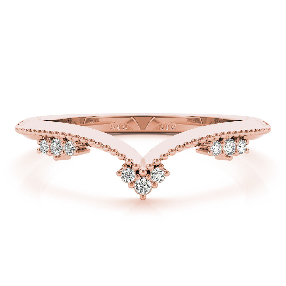 Rose gold Diamond Chevron Milgrain Band with Round Cut Stones and Prong Setting
