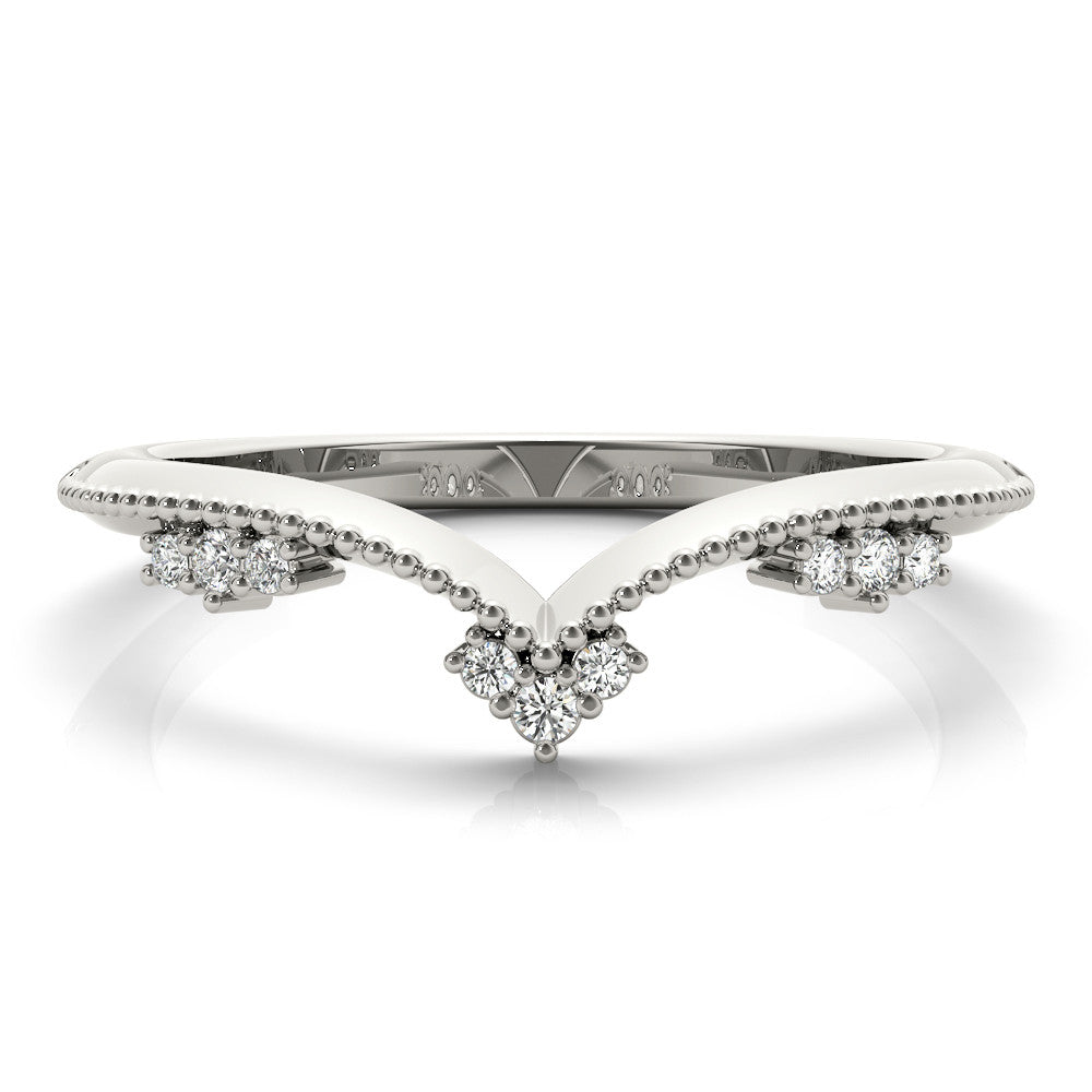 White gold Diamond Chevron Milgrain Band with Round Cut Stones and Prong Setting