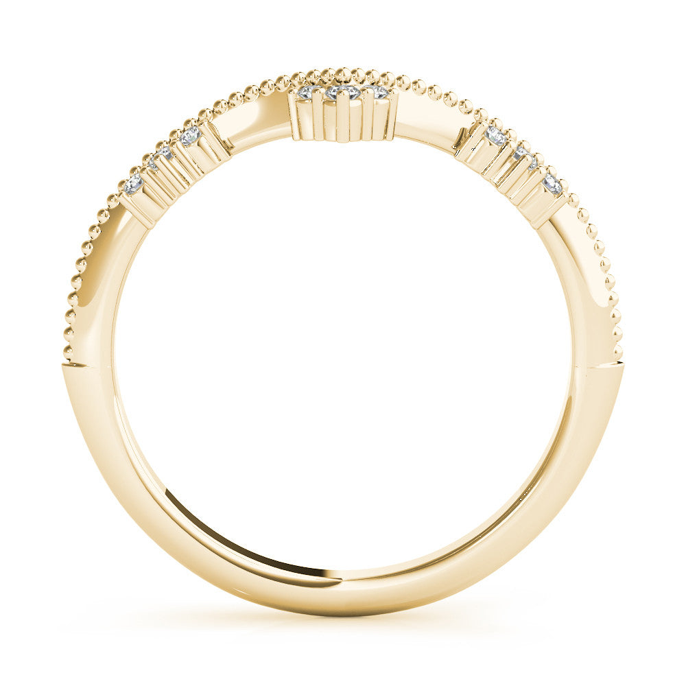 Yellow gold Diamond Chevron Milgrain Band with Round Cut Stones and Prong Setting