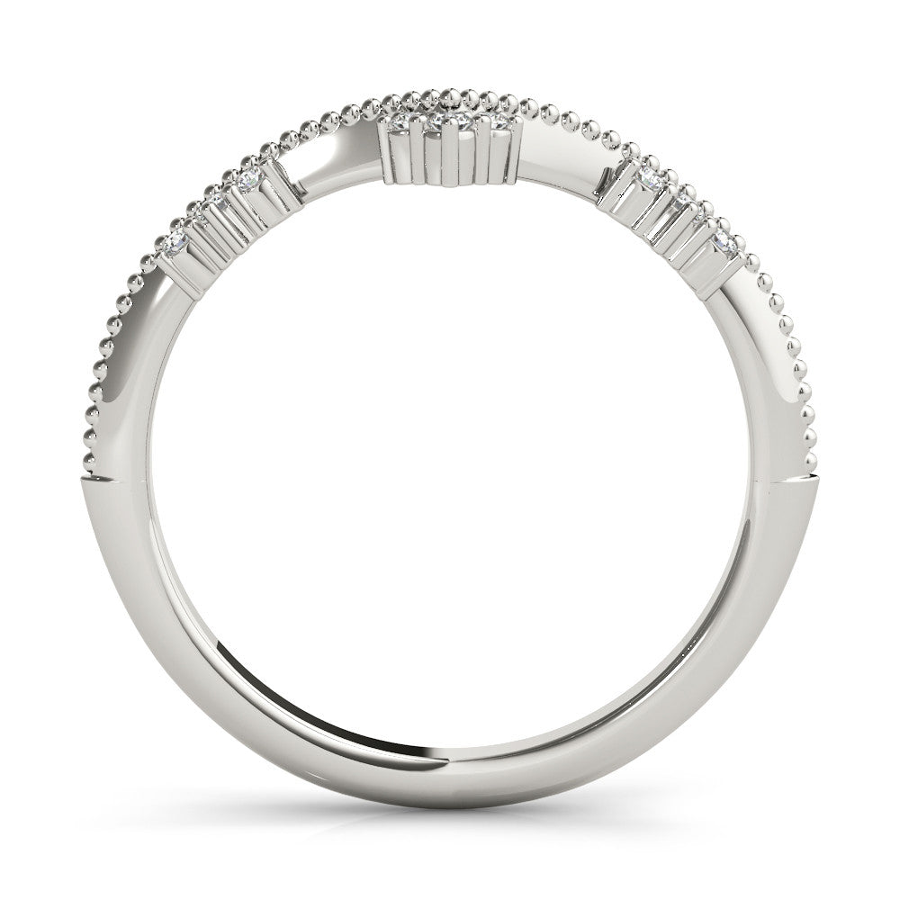White gold Diamond Chevron Milgrain Band with Round Cut Stones and Prong Setting