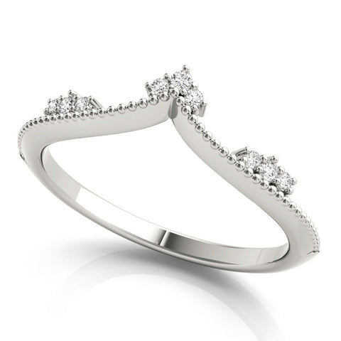 Platinum Diamond Chevron Milgrain Band with Round Cut Stones and Prong Setting