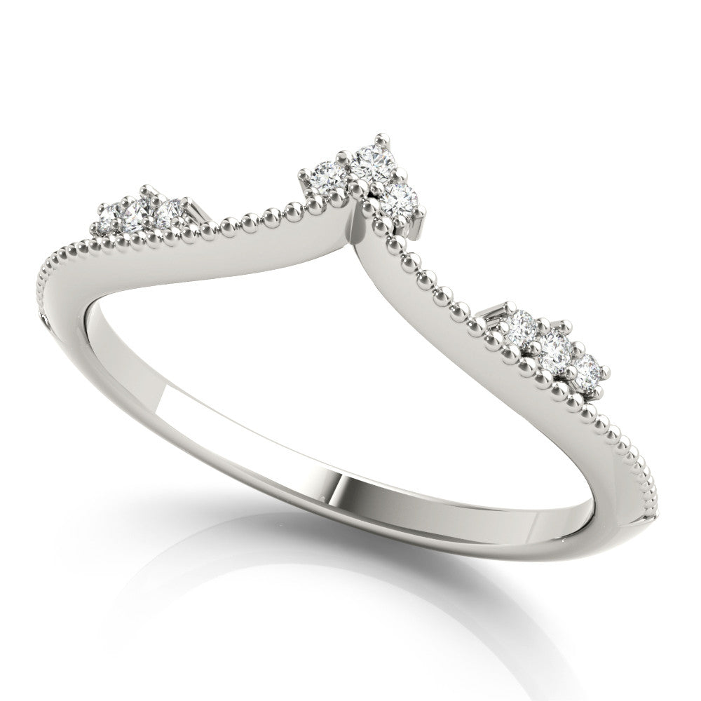 White gold Diamond Chevron Milgrain Band with Round Cut Stones and Prong Setting