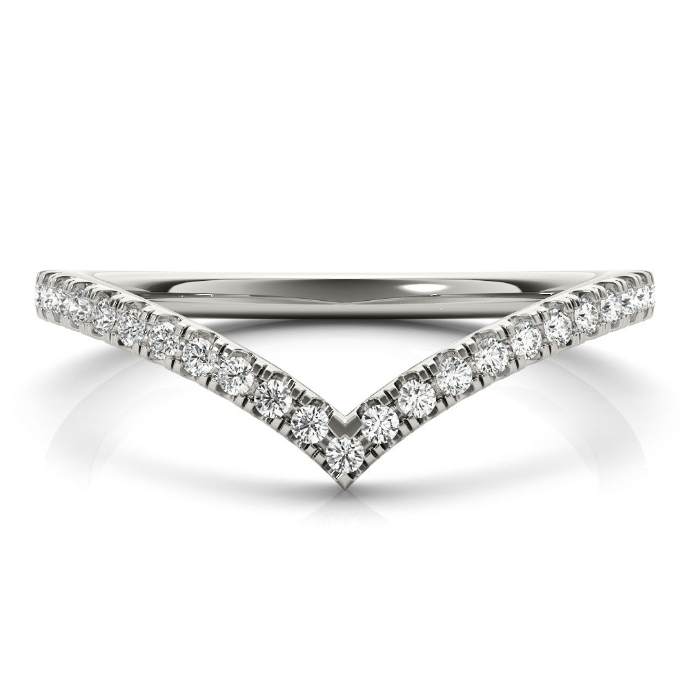 Silver Diamond Pavé V-Shaped Chevron Band with Round Cut Stones and Shared Prong Setting