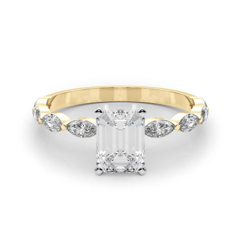 Yellow gold Emerald Solitaire Marquise Side Stone Prong Setting Ring