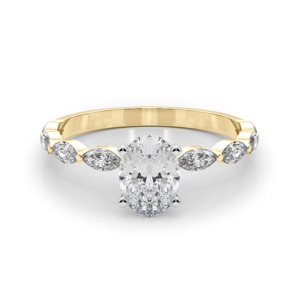 Yellow gold Oval Solitaire Marquise Side Stone Prong Setting Ring