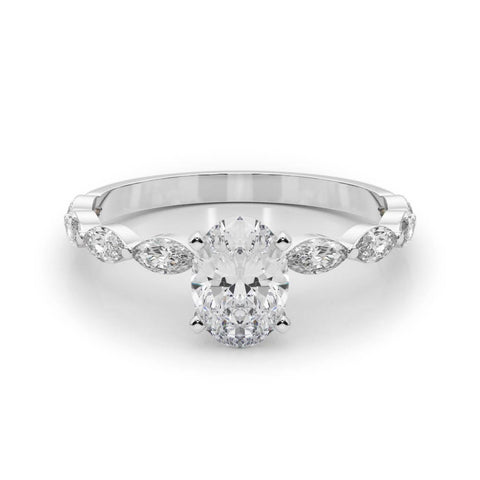 White gold Oval Solitaire Marquise Side Stone Prong Setting Ring