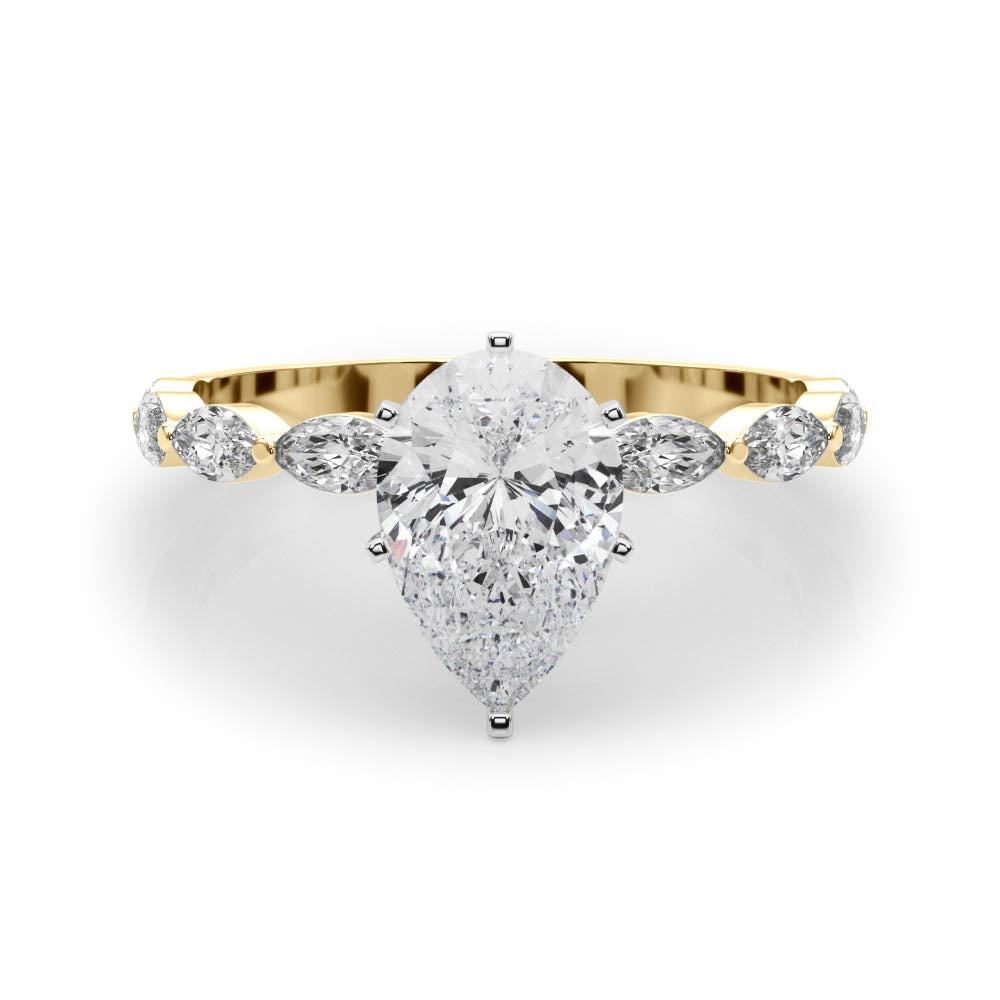 Yellow gold Pear Solitaire Marquise Side Stone Prong Setting Ring