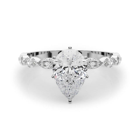 White gold Pear Solitaire Marquise Side Stone Prong Setting Ring
