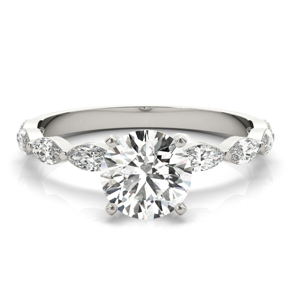 White gold Round Solitaire Marquise Side Stone Prong Setting Ring