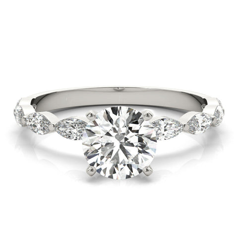 Platinum Round Solitaire Marquise Side Stone Prong Setting Ring