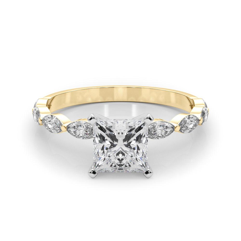 Yellow gold Princess Solitaire Marquise Side Stone Prong Setting Ring