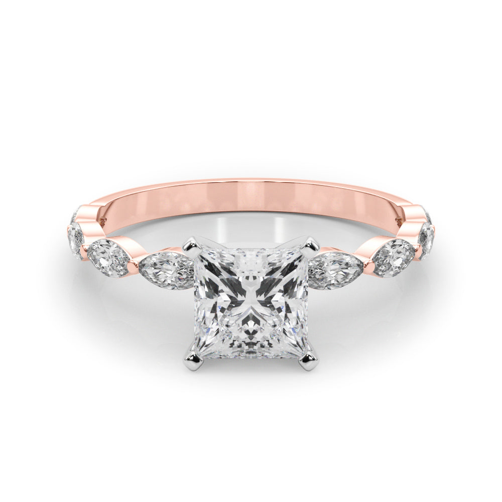 Rose gold Princess Solitaire Marquise Side Stone Prong Setting Ring