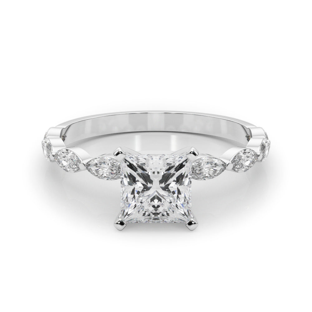 White gold Princess Solitaire Marquise Side Stone Prong Setting Ring