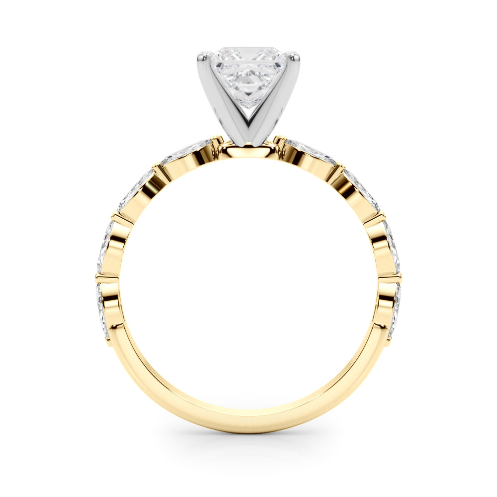Yellow gold Princess Solitaire Marquise Side Stone Prong Setting Ring
