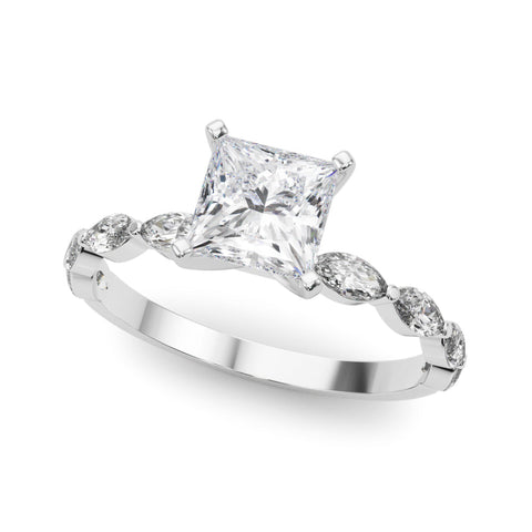 White gold Princess Solitaire Marquise Side Stone Prong Setting Ring