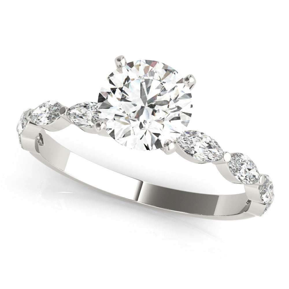 White gold Round Solitaire Marquise Side Stone Prong Setting Ring
