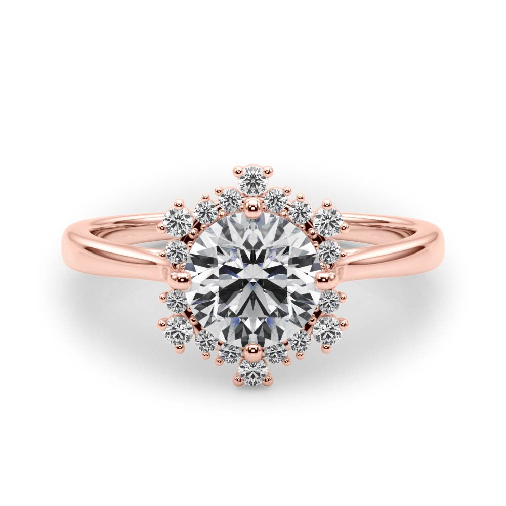 Rose gold Round Halo Diamond Solitaire with Pavé Band and Four-Prong Setting
