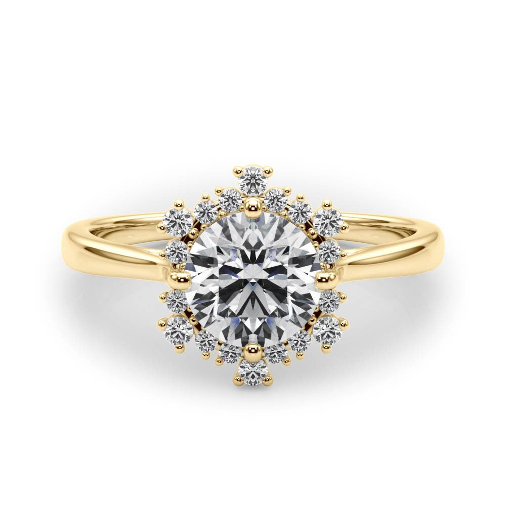 Yellow gold Round Halo Diamond Solitaire with Pavé Band and Four-Prong Setting