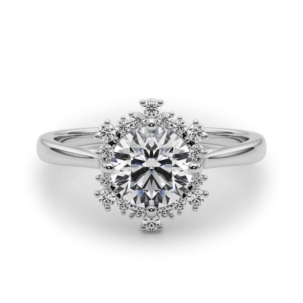 Silver Round Halo Diamond Solitaire with Pavé Band and Four-Prong Setting