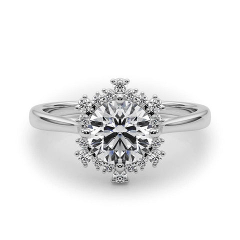 White gold Round Halo Diamond Solitaire with Pavé Band and Four-Prong Setting