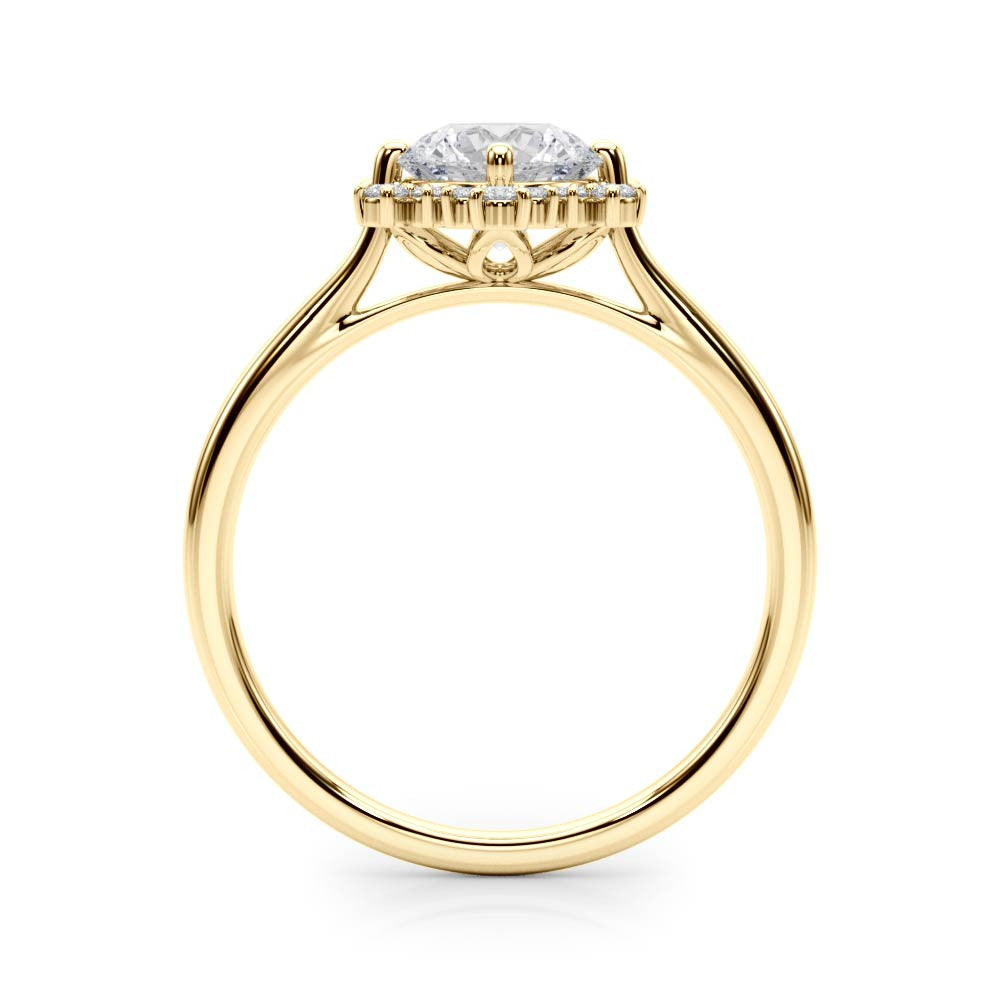 Yellow gold Round Halo Diamond Solitaire with Pavé Band and Four-Prong Setting