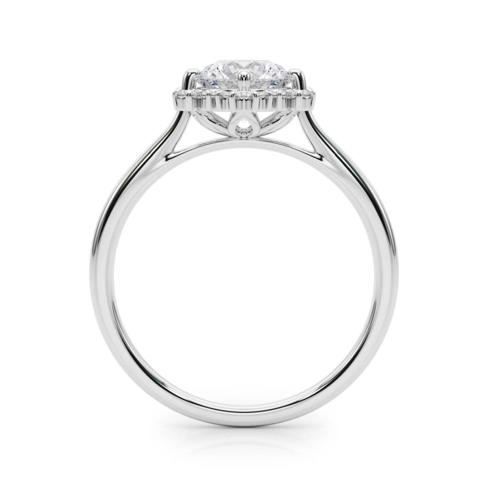 Platinum Round Halo Diamond Solitaire with Pavé Band and Four-Prong Setting