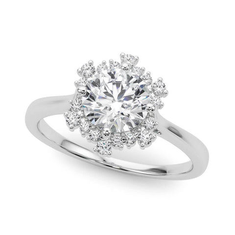 Platinum Round Halo Diamond Solitaire with Pavé Band and Four-Prong Setting