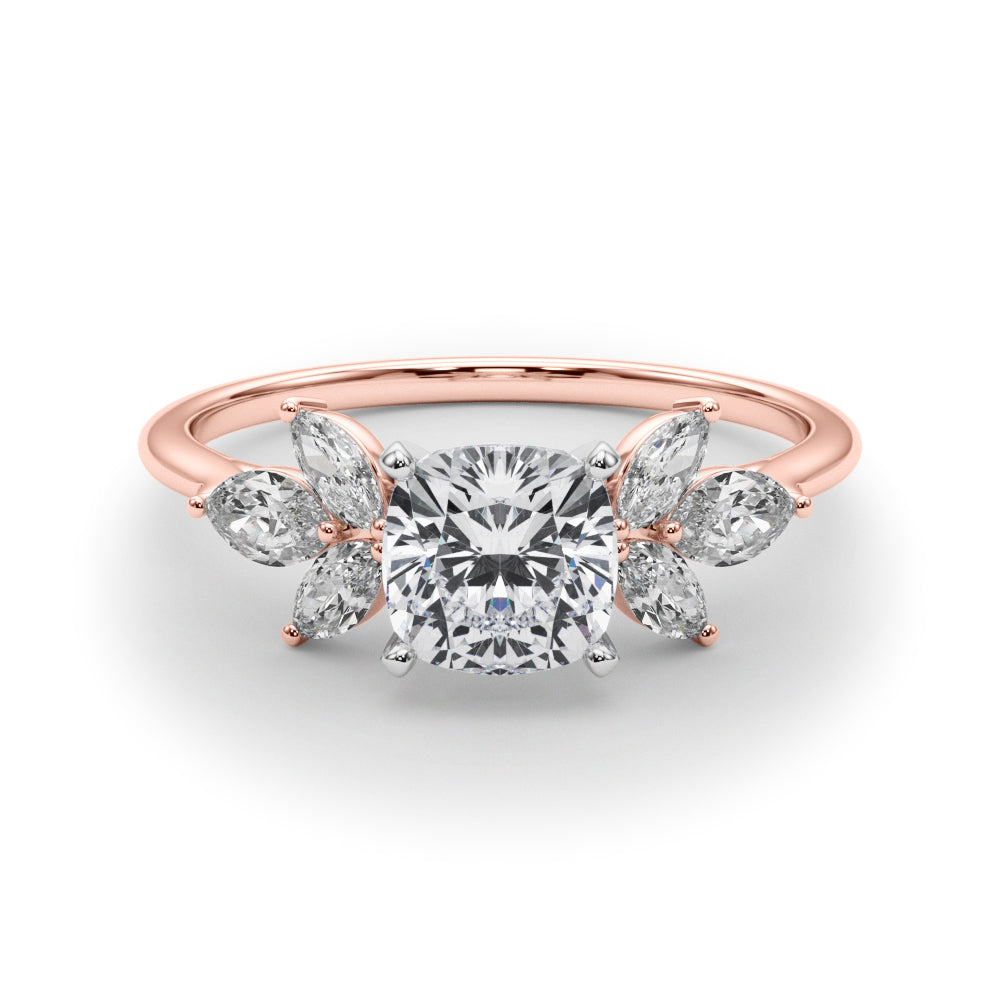 Rose gold Cushion Diamond Floral Cluster Ring with Marquise Side Stones and Six-Prong Solitaire Setting