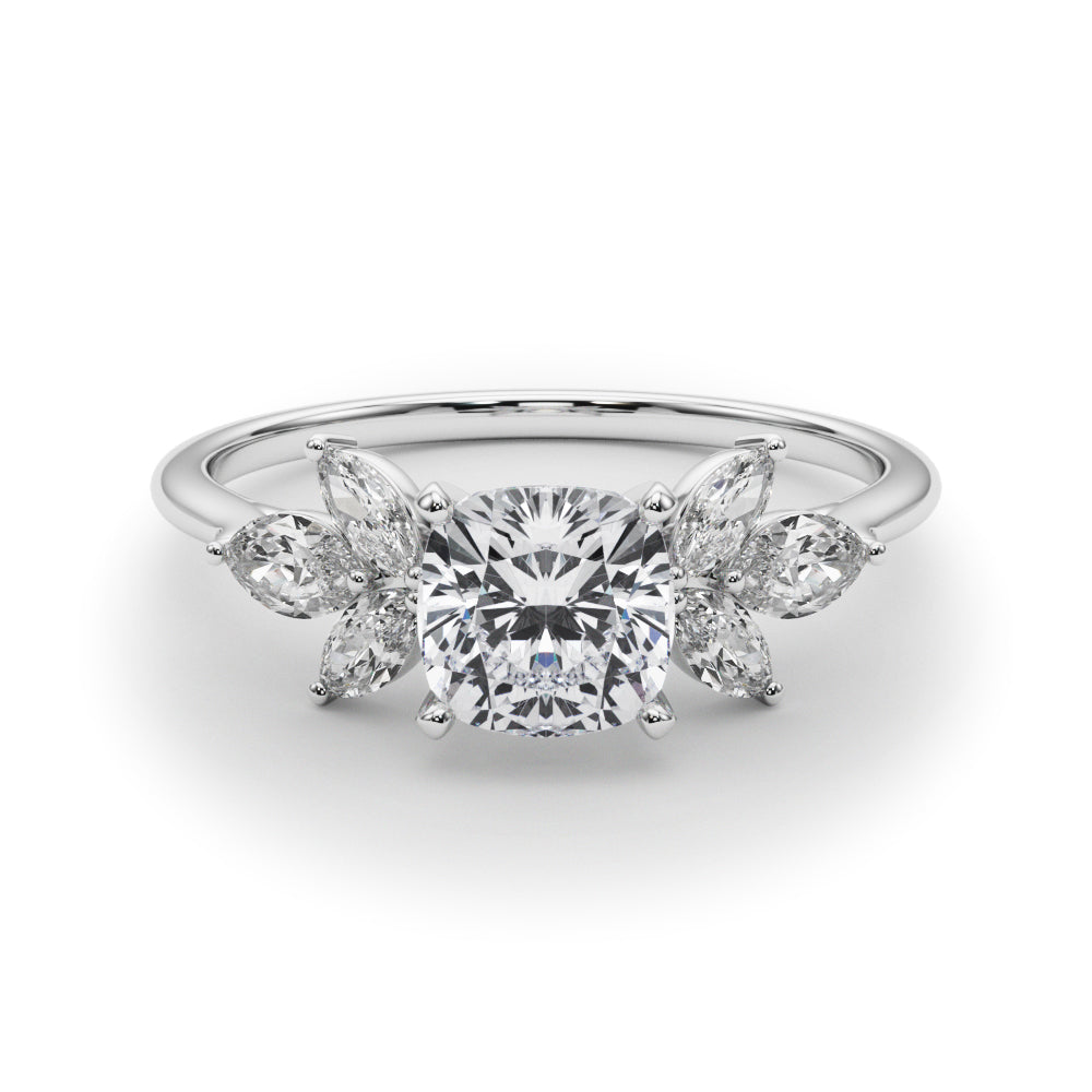 White gold Cushion Diamond Floral Cluster Ring with Marquise Side Stones and Six-Prong Solitaire Setting