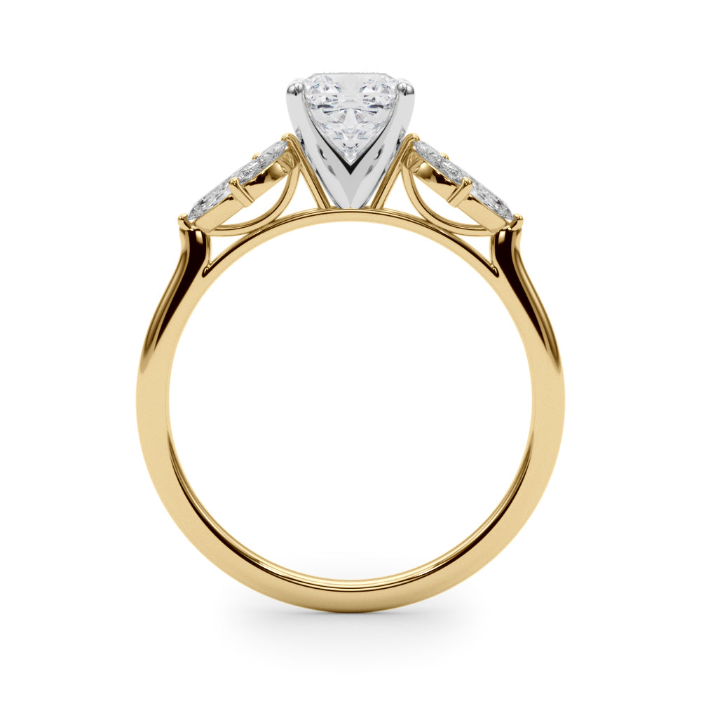 Yellow gold Cushion Diamond Floral Cluster Ring with Marquise Side Stones and Six-Prong Solitaire Setting