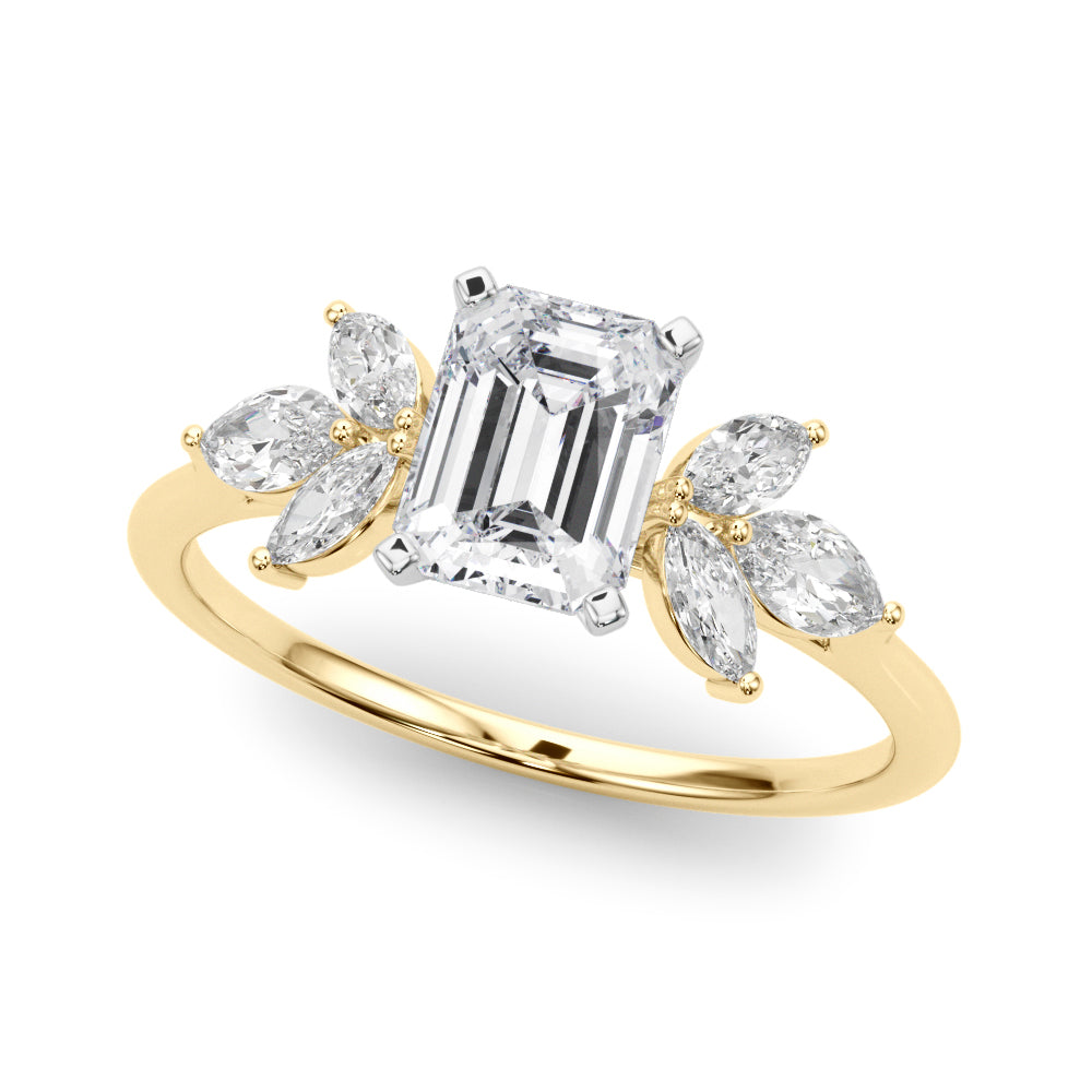 Yellow gold Emerald Diamond Floral Cluster Ring with Marquise Side Stones and Six-Prong Solitaire Setting