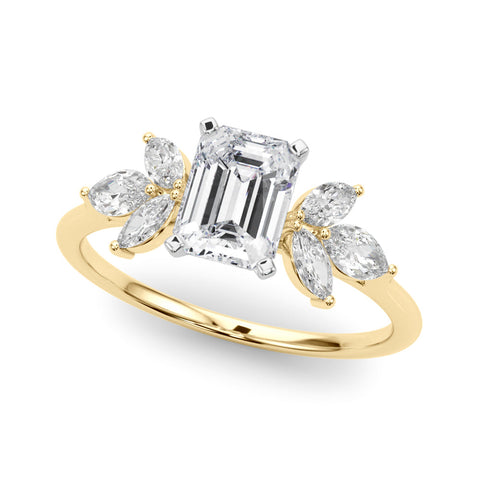 Yellow gold Radiant Diamond Floral Cluster Ring with Marquise Side Stones and Six-Prong Solitaire Setting