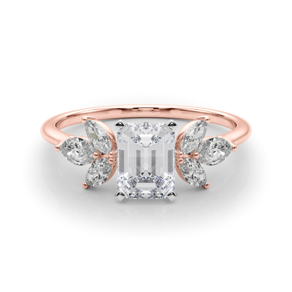 Rose gold Emerald Diamond Floral Cluster Ring with Marquise Side Stones and Six-Prong Solitaire Setting