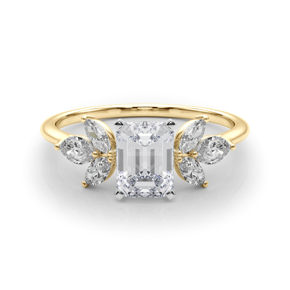 Yellow gold Emerald Diamond Floral Cluster Ring with Marquise Side Stones and Six-Prong Solitaire Setting